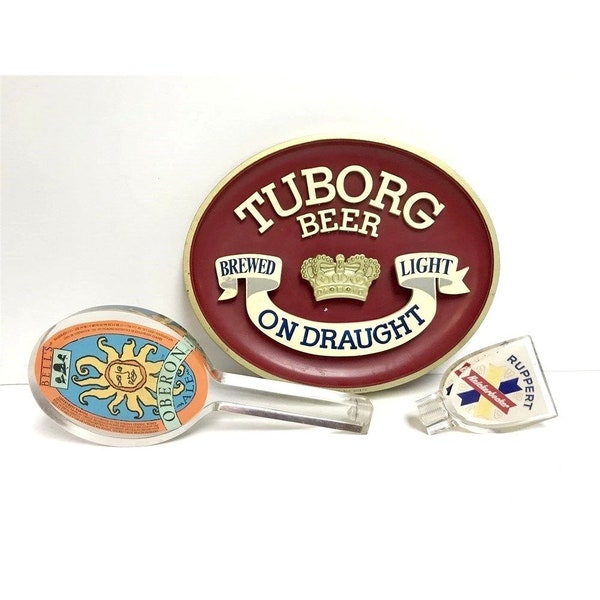 Beer Advertising Sign and 2 Tap Handles Tuborg Oberon Ruppert Knickerbocker