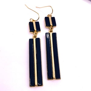 Black Gold Pierced Hanging Bar Earrings Rectangle Style Jewelry 2050