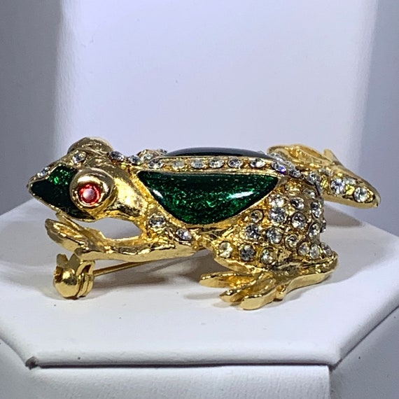 Pin Brooch Frog Gold Tone Green Enamel Red Rhines… - image 3