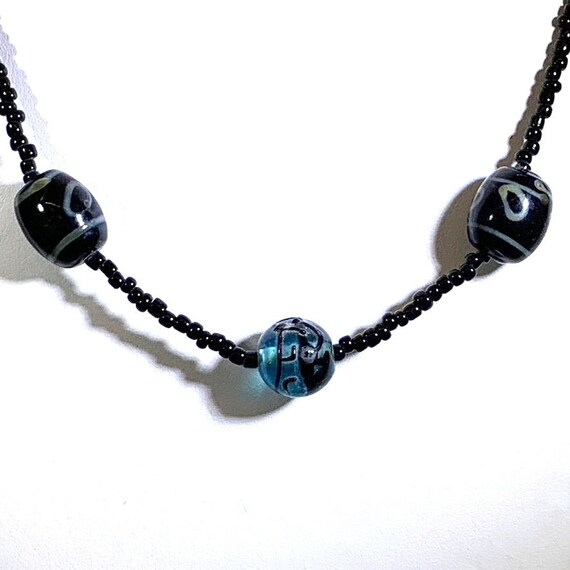 Necklace Beaded Handmade Blue Black Glass Beads - image 2