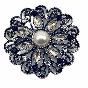 Vintage Pearl with Black and Clear Rhinestones Brooch
