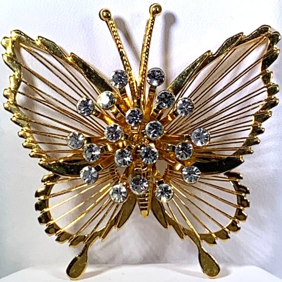 Monet Butterfly Brooch Pin Gold Tone Rhinestones … - image 1