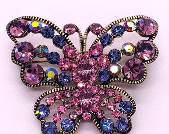 Broche de mariposa con diamantes de imitación incrustados en tono dorado rosa y azul 2068