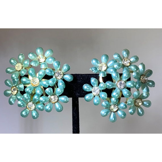 Floral Earrings Clip Blue Rhinestones Vintage