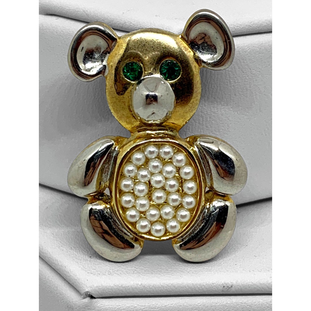 Silver Gold Teddy Bear Pin Green Eyes Pearls - Etsy