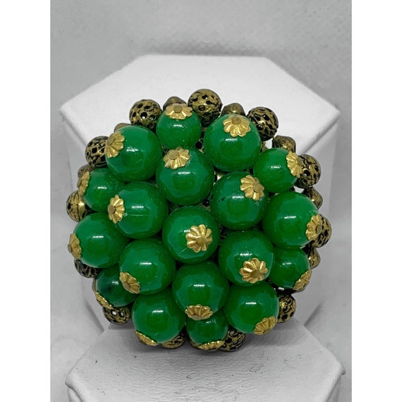 Vintage Green and Gold Beaded Brooch - image 1