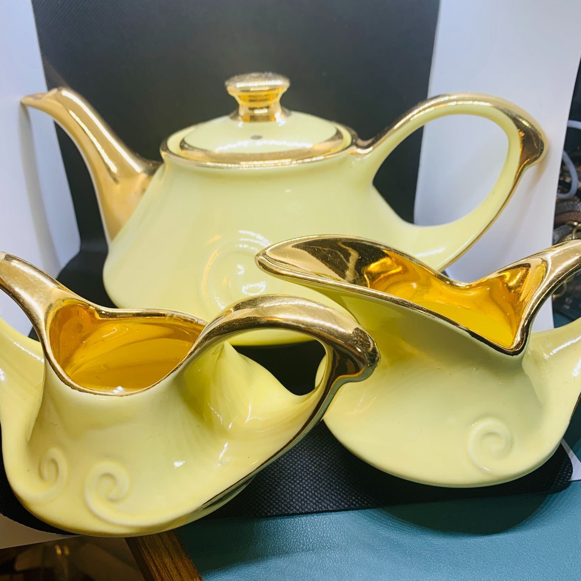 Pearl China Co. Vintage Tea Set Yellow 24K Gold Teapot Sugar
