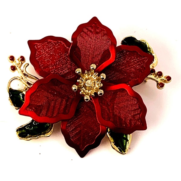 Vintage Christmas Holiday Winter Red Poinsettia Brooch Red Gold Green