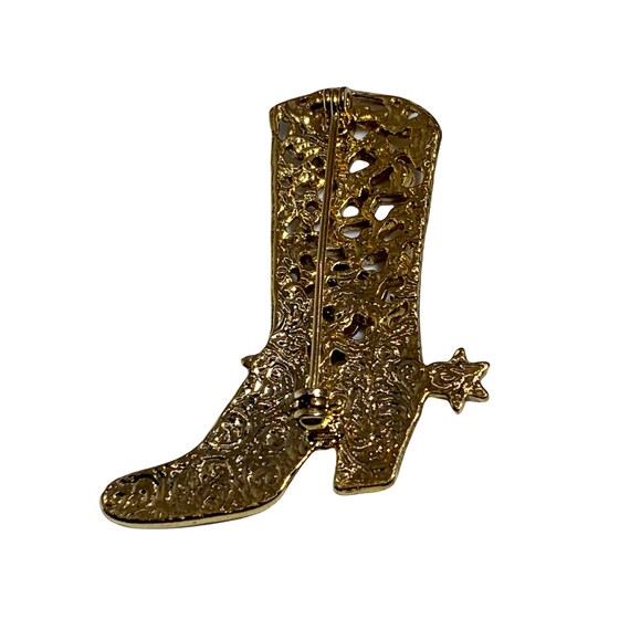 Cowgirl Cowboy Boot Brooch Gold Tone Filigree Rhi… - image 2