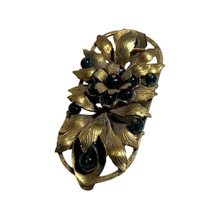 Vintage Floral Brooch Gold Tone Etching Green Glass