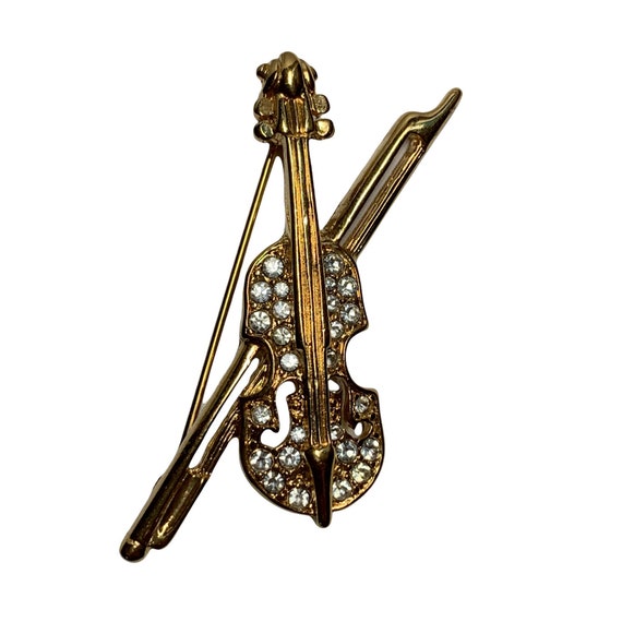 Vintage Rhinestone and Gold Violin and Bow Brooch… - image 3