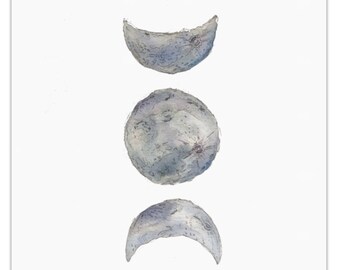 May include: A watercolor painting of the moon in five different phases. The moon is depicted in shades of gray and blue, with a white background.