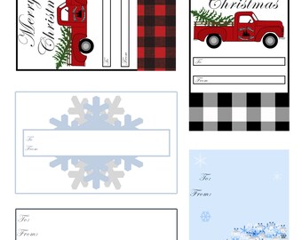 Pacchetto di tag regalo di Natale - Little Red Truck (x2), Fiocco di neve, Albero fiocco di neve, Natura - 5 Gift Tag Bundle - Stampabile - Digital Download