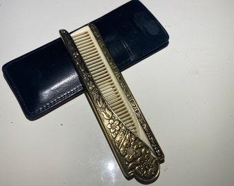 Vintage Old Handmade Lady Hair Comb Brass with Flower Motifs