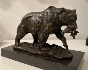 Sculpture en Bronze Vintage, ours grizzli, poisson, Sculpture en Bronze, Style Antique
