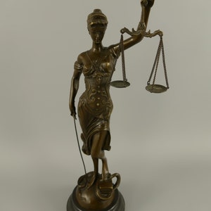 Bronze figure Justitia sculpture on marble base, signed figure