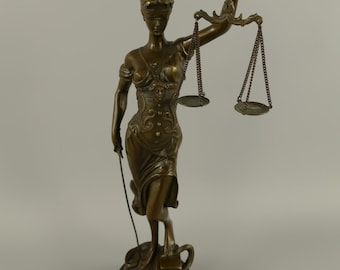 Bronze figure Justitia sculpture on marble base, signed figure