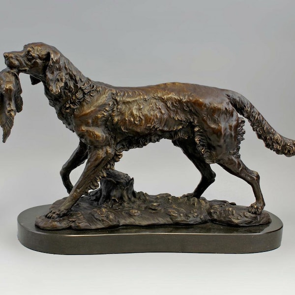 Figurine en bronze vintage -Chien de chasse avec proie- Chien de chasse -Base en marbre de bronze