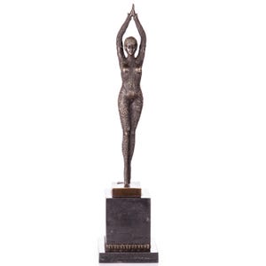 May include: A bronze-coloured sculpture of a standing figure with arms raised overhead. The figure is atop a dark grey rectangular base with a bronze-coloured square at the top. The figure's body is covered in a textured pattern.
