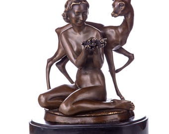 Vintage Bronze Figure Bronze Sculpture Woman with Deer Bronze on Black Marble