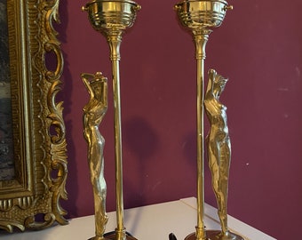 Lampe de table antique Art Nouveau 2 lampadaires en laiton sculpture dame