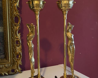 antique table lamp Art Nouveau 2 set floor lamp brass sculpture lady