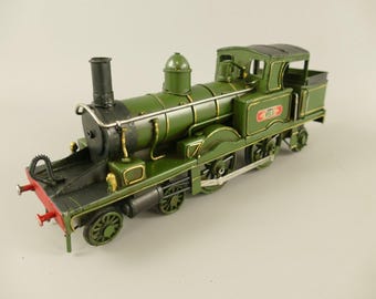 Vintage tin toy historical locomotive green handmade antique iron