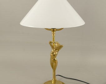 Table Lamp with Gold Finish Polished Brass, Art Deco Lamp White Shade, Office Lamp