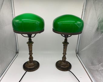 Ensemble de 2 lampes de table, lampes champignon, laiton antique, verre vert