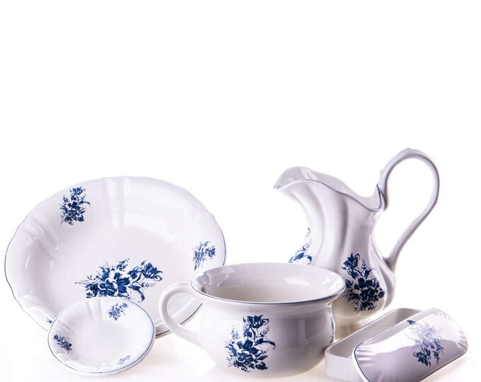 Antique Ironstone Jug and Bowl Wash Set With Blue Floral Pattern, Sarreguemines Pitcher and ...