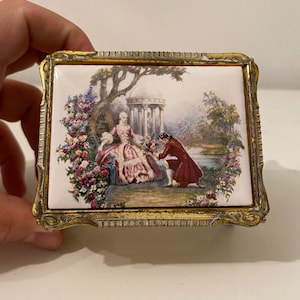 old small jewelry chest Japan brass and porcelain picture jewelry box