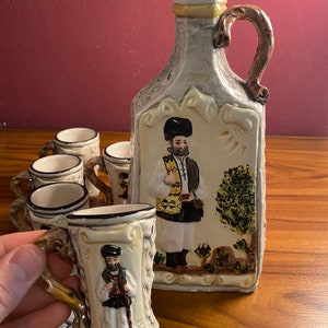 Vintage jugs and 6 glasses Decorated by hand SARDINIAN COSTUME MOTIFS Ceramiche MASSIDDA -Cagliari