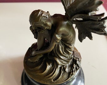 Vintage Bronze Figure Fairy Sculpture Sitting Fairy Elf Mythology Figure