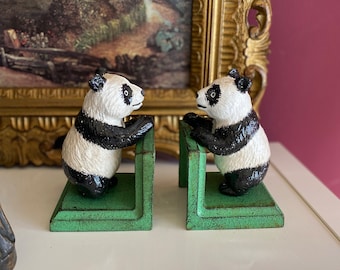 Vintage Bookends Bookstand 2 Panda Panda Bear Figure Sculpture Iron Antique Style