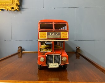 Vintage tin toy historical bus red handmade antique iron