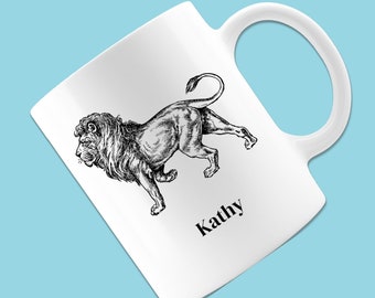 ANIMAL COFFEE CUP - Lion Coffee Mug - Custom Name Mug Animal Lover Gift - Lion Illustration - 11oz Durable Ceramic Coffee Mug