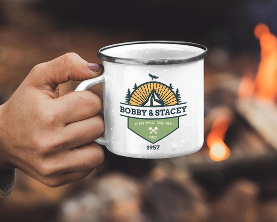 HIKING COFFEE MUG - Personalize Mountain Camping Cup - Nature Lover Mug - Hiking Lover Gifts - Sunrise White Enamel Coffee Mug - Design 7