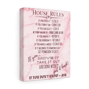 HOUSE RULE PRINT - White Marble Canvas House Rules Sign Art - New House Gift - Living Room Wall Hanging Art - If You Open It Close It Pink Marble