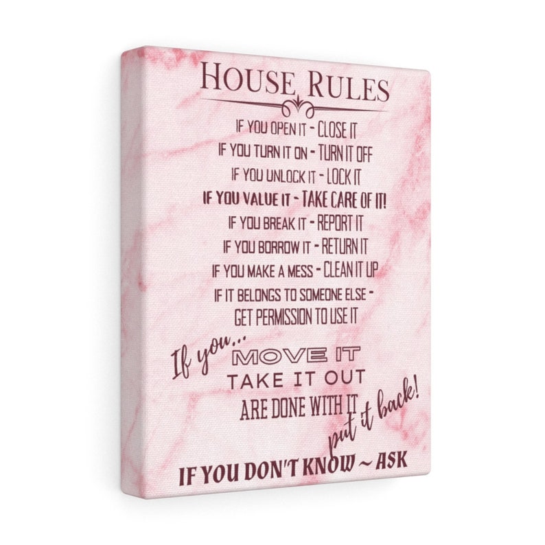 HOUSE RULE PRINT - White Marble Canvas House Rules Sign Art - New House Gift - Living Room Wall Hanging Art - If You Open It Close It Pink Marble