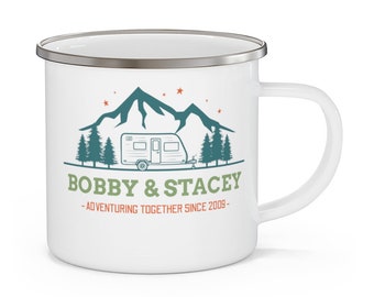 Personalized Enamel Camping Mug with Outdoor Camper Trailer Design, RV Camping Mug, Extended Vacation, Camp Mug with Custom Names and Date