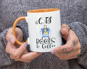 Cats, Book & Coffee Mug - Book Lover and Coffee Lover Mug - Cat Lover Coffee Mugs - Mug for Cat Lover - Book Lover Mug - Writer Gift Mug