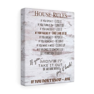 HOUSE RULE PRINT - White Marble Canvas House Rules Sign Art - New House Gift - Living Room Wall Hanging Art - If You Open It Close It Antique White