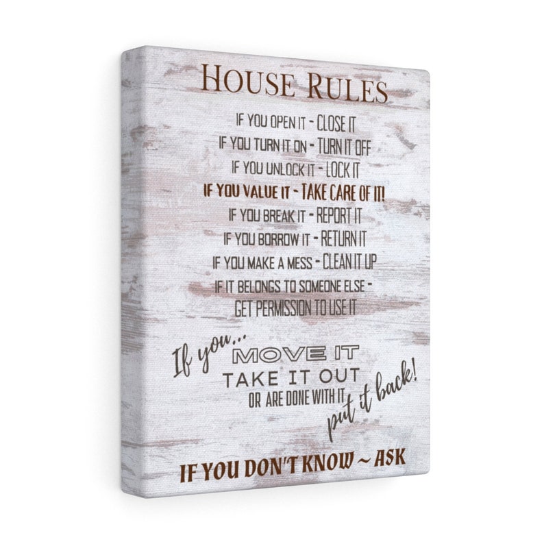 HOUSE RULE PRINT - White Marble Canvas House Rules Sign Art - New House Gift - Living Room Wall Hanging Art - If You Open It Close It Antique White