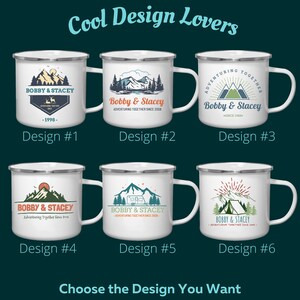 May include: White enamel camping mugs with silver rims, each featuring a unique outdoor-themed design. Designs include mountains, trees, and text such as "Bobby & Stacey" and "Adventuring Together". The image also includes the text "Cool Design Lovers".