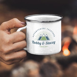 ADVENTURE CAMP MUG - Adventure Together Enamel Coffee Mug - Camping Lover Gift - 12 Oz Personalized Camping Tin Mug - Design3