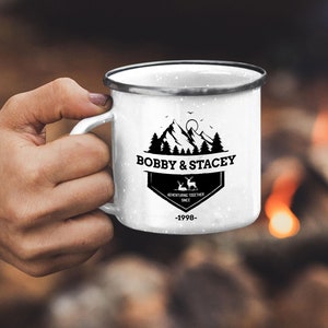 Personalized Camp Mug | Hiking mug | Campfire mug | Customizable enamel mug | Couples Coffee Mug | Mountain Enamel Mug| Together Camping Cup