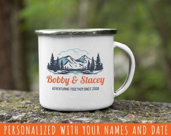 Engaged Couple Personalized Camp Mug | hiking mug | campfire mug | customizable enamel mug | Camp Mug Personalized | Camp Mug 11oz Camper #2