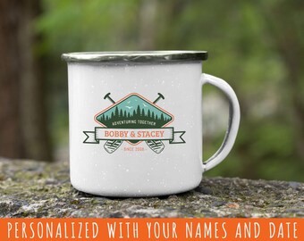 COUPLE ADVENTURE MUG - Canoeing Tea Mug - Personalized Forest Outdoor Camper Cup - White Enamel Mug - Traveler Lover Gift - Design 10