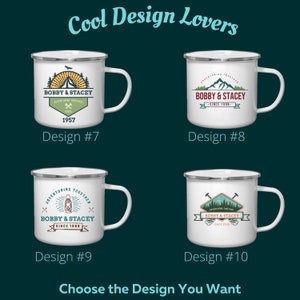 May include: Four white enamel camping mugs with silver rims, each featuring a different outdoor-themed design. The mugs have the text "Cool Design Lovers" and "Choose the Design You Want". Each mug has a unique design with the names "Bobby & Stacey".