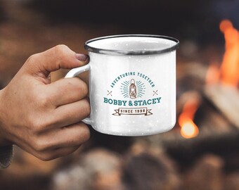 CAMPFIRE COFFEE MUG - Enamel Campfire Mug - Fireside Camping Tin Coffee Mug - Outdoor Lover Gift - Family Adventure Mug - Design 9